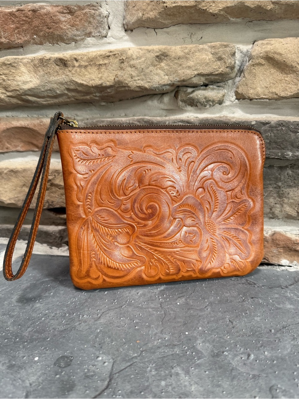 Patricia Nash Cassini Embossed Floral Leather Wristlet in Tan Brown clutch